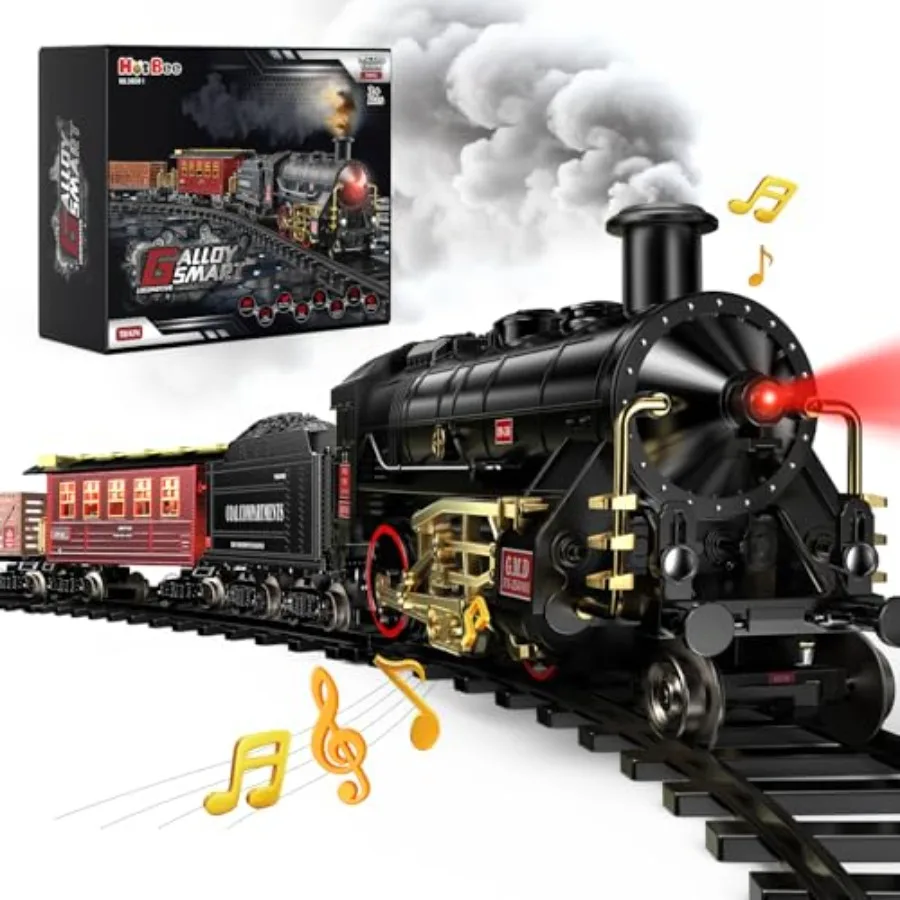 

Christmas Tree Train Set - Alloy Steam Locomotive Toy for Boys 3-8+ Years Glowing Carriage Silent Operation Smoke Lights Sound