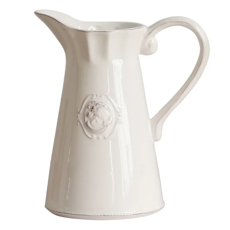 Embossed ceramic milk jug single ear niche white vase decoration living room flower arrangement ins wind French home decoration