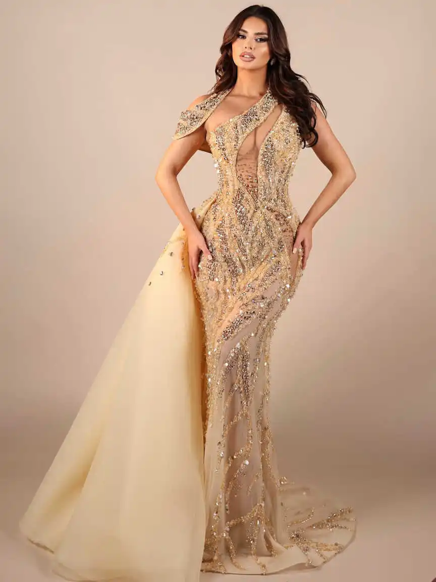 Gorgeous Colorful Mermaid Prom Dress Beaded Crystal One Shoulder Formal Party Floor-Length Bridal Gowns Dresses Customized
