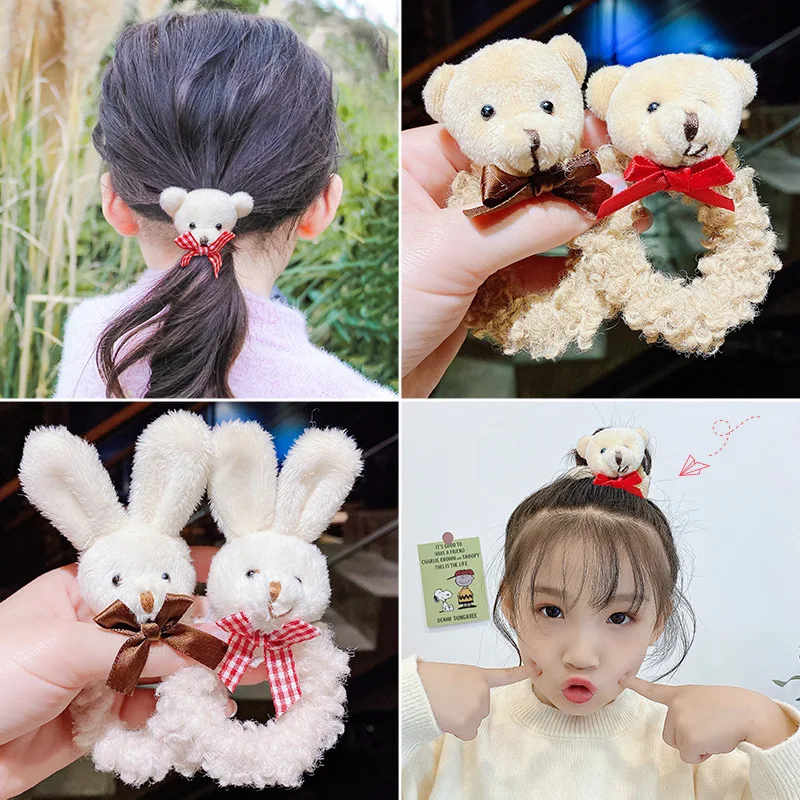 New Kids' Plush Hair Scrunchies - Bear Pom-pom & Rabbit Ear Styles, Soft No-pull Elastic Bands for Girls' Daily Hairdos.