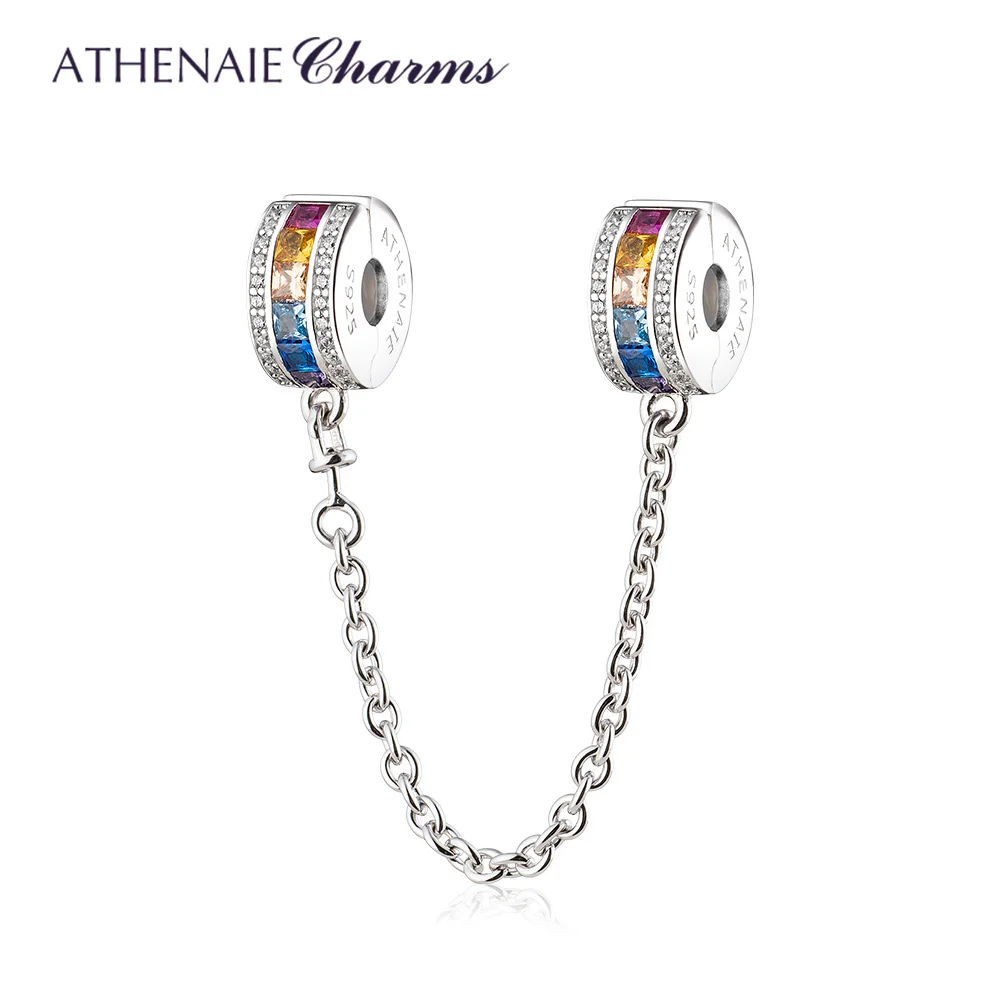 ATHENAIE 925 Sterling Silver Safety Chain with Colorful CZ Stones Stopper Charms Fit European Bracelets for Women Jewelry