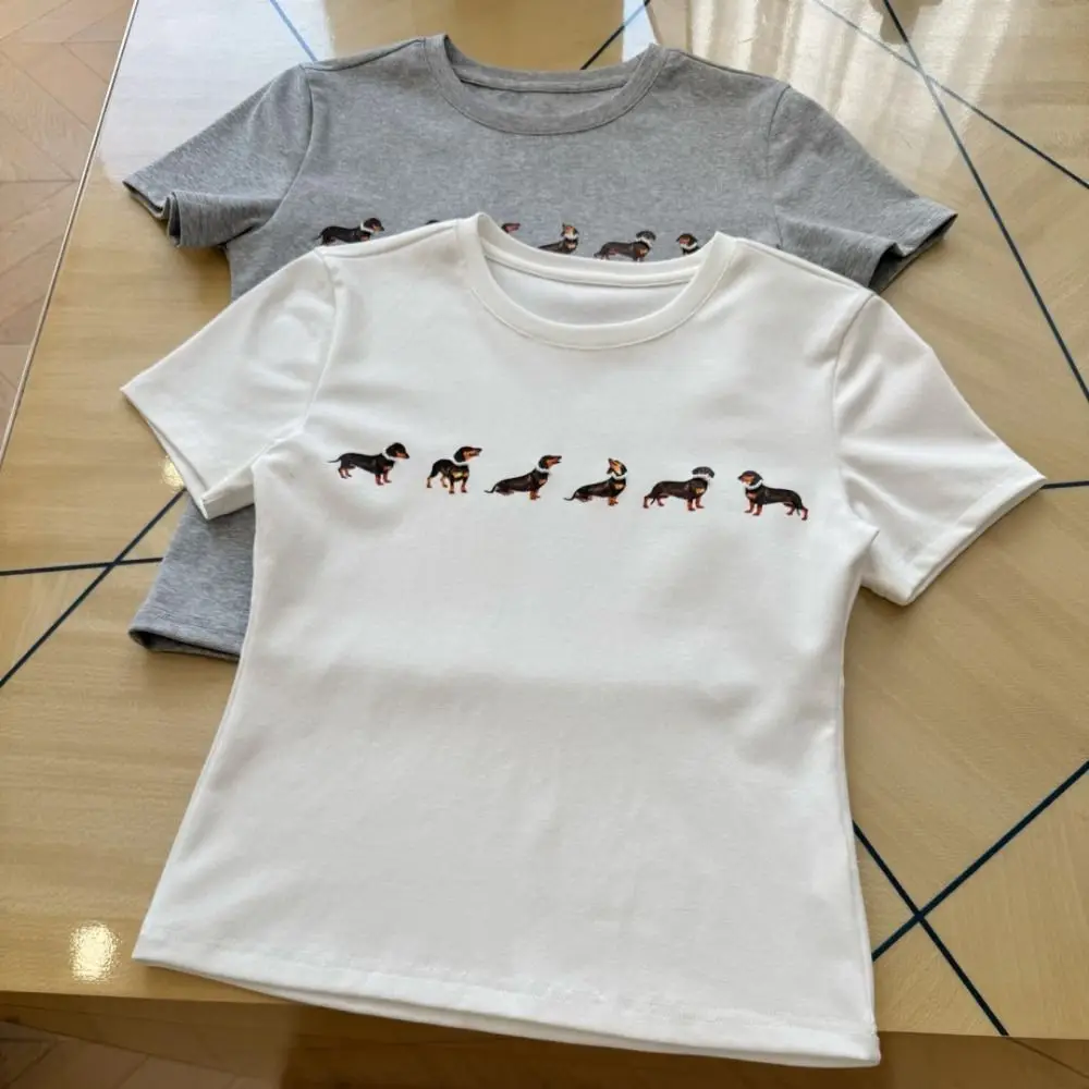 Korean Style Cartoon Dog Short Sleeve T-shirt Dachshund Slim Fit Y2K Crop Top Chic Sweet Tees Shirts Women Streetwear