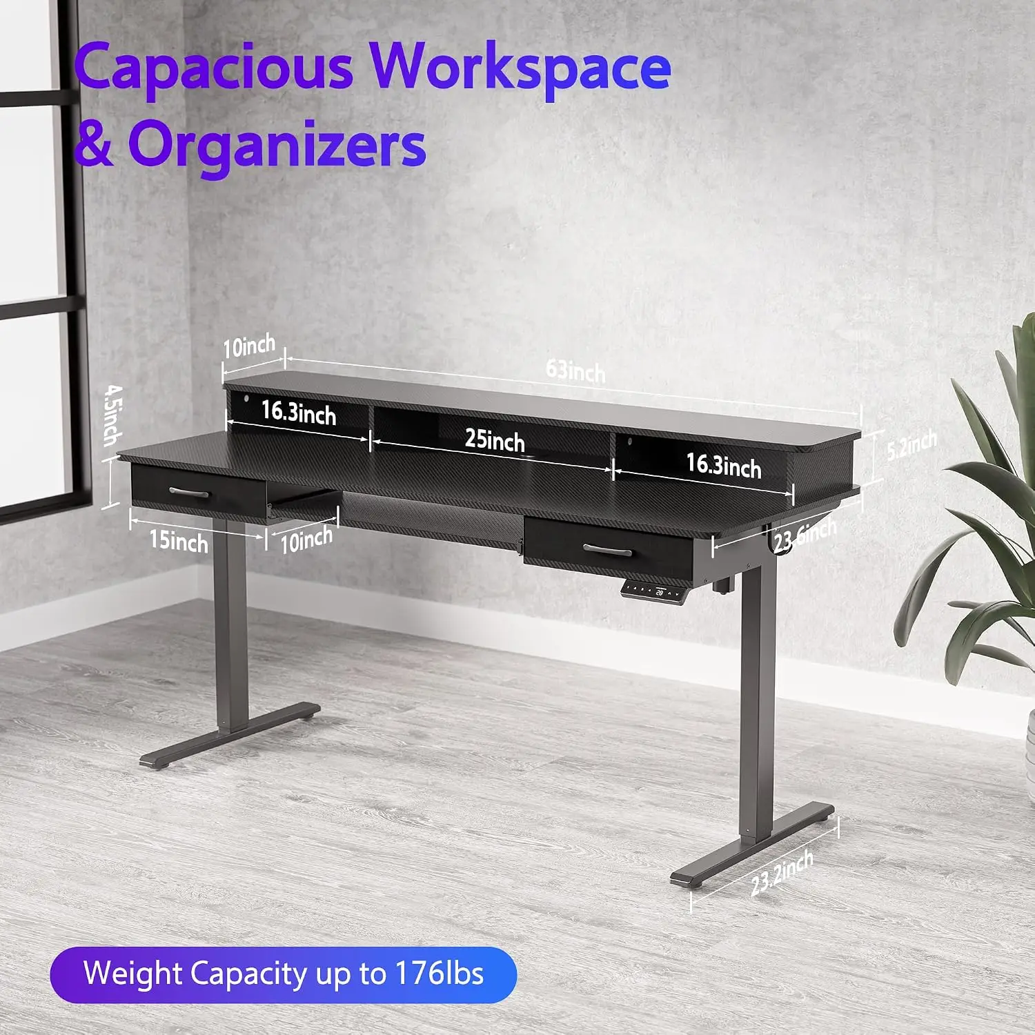 Electric Standing Desk 63x24 Inch with Keyboard Tray & 2 Drawers, Ergonomic Computer Table with Monitor Riser, Customized
