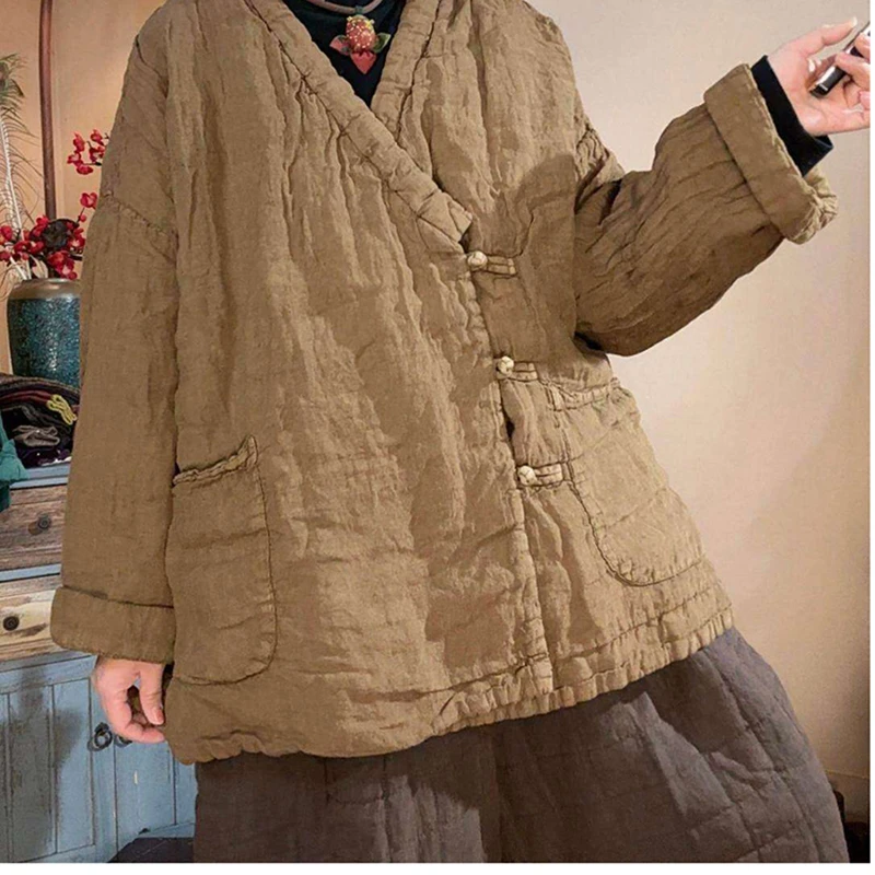 2026 New Arrival Winter Women Pocket Patchwork Single Breasted Long Sleeves Parkas Good Quality Cotton Linen Casual Coats Y228
