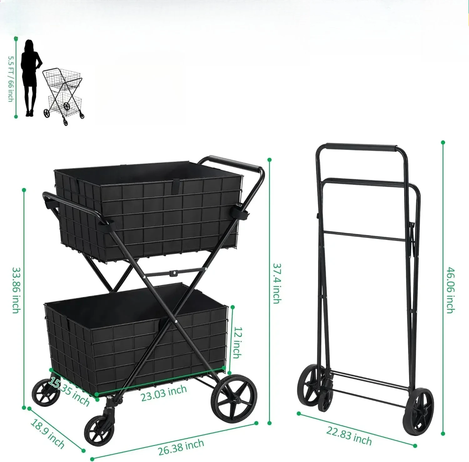 

Rolling Laundry Cart Compact Pet L # 2-Tier Shopping Cart With Wheels Folding Grocery Cart W/ Removable Double Baskets 360°