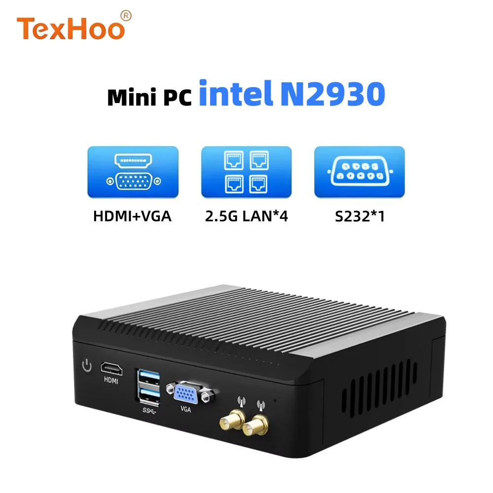 TexHoo Intel Mini PC Celeron N2930 2.5GLAN*4 HDMI Display+VGA RS232 Fanless Industrial Computer Win10 DDR3 8GB SATA SSD 256GB ﻿