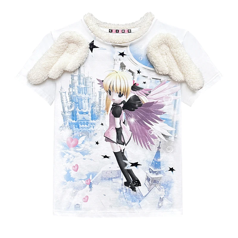 CFIERCE Women Angel Printed Wings Decorative T-shirt Japanese Kawaii Anime Short Sleeved Tshirt Pullover High School Girls Shirt