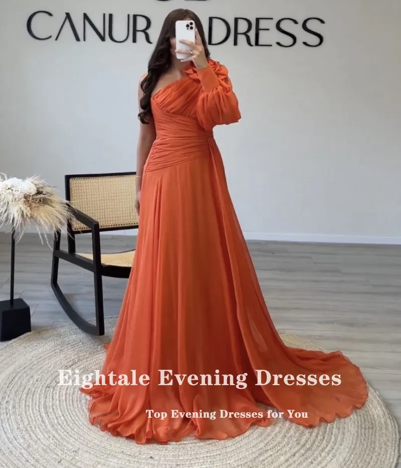 Eightale Orange Evening Dress One Shoulder Long Sleeve Chiffon Pleats Flower Arabic Formal Prom Party Gowns Robes De Soirée