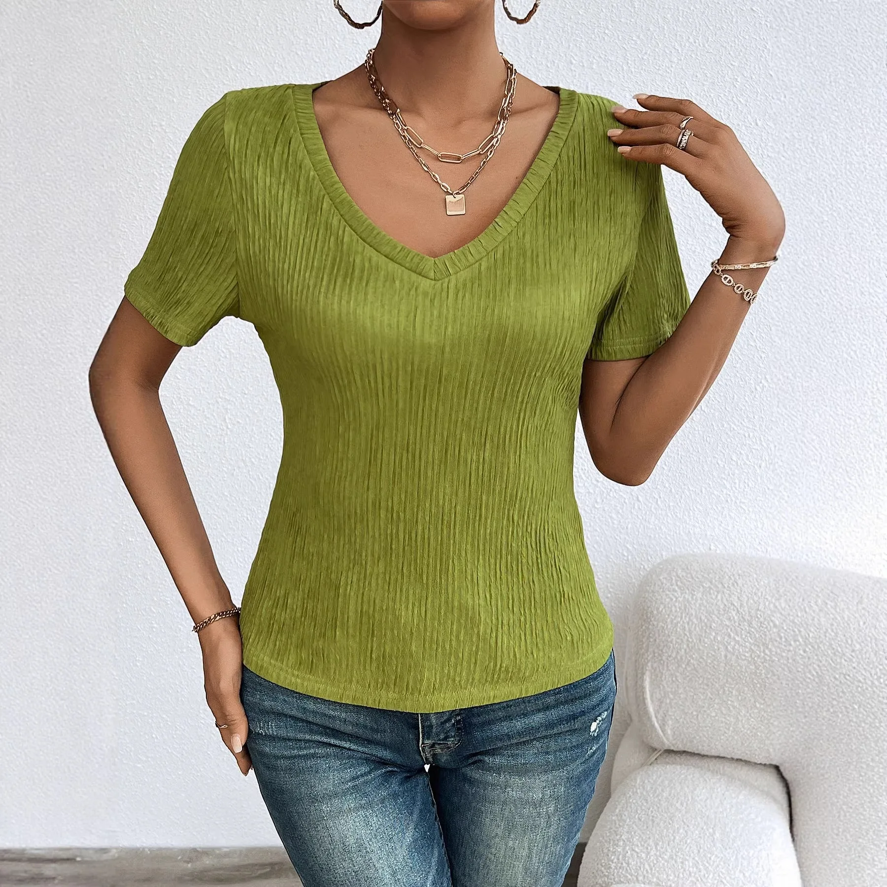 Chic Summer Skinny Tshirt Tops Female Streetwear Threaded Pit Strip Slim Long-sleeved Sexy U-neck Casual Women's T-shirt Y2K