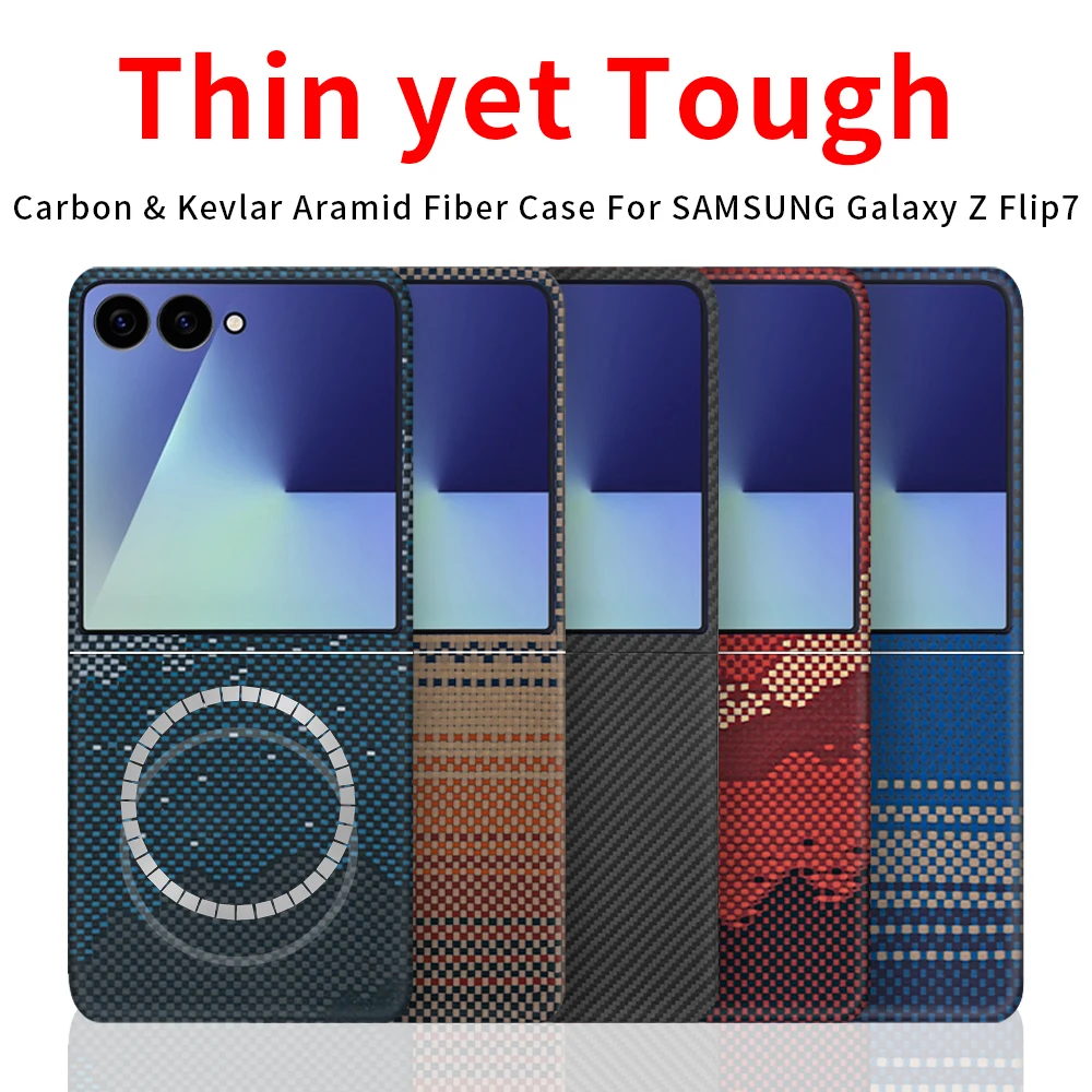 

For samsung z flip7 carbon case aramid fiber kevlar magsafe fabric thin hard cover magnetic balck Slim light red 600d premium