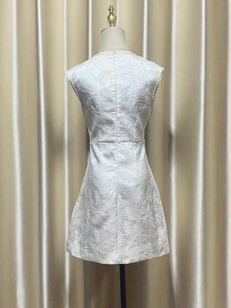 Elegant เย็บปักถักร้อย Splicing ชุดเดรสสายฤดูใบไม้ผลิผู้หญิงแขนกุด O คอชุดมินิฤดูร้อนเอวสูงซิปหลวมชุดสั้น