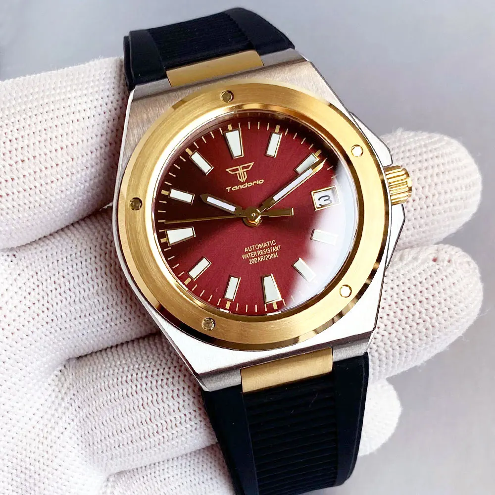 ساعة Tandorio 40 ملم مطلية بالذهب باللون الأزرق الميكانيكية NH35 للرجال ساعة غوص أوتوماتيكية 316L تاريخ Lume معقمة بمفتاح منخفض وطراز فاخر