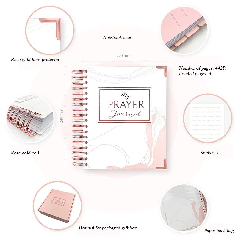 A5 Coil Notebook Ink-proof Double Adhesive Paper English Prayer Book with Separator Page Monthly Weekly Daily Organizer