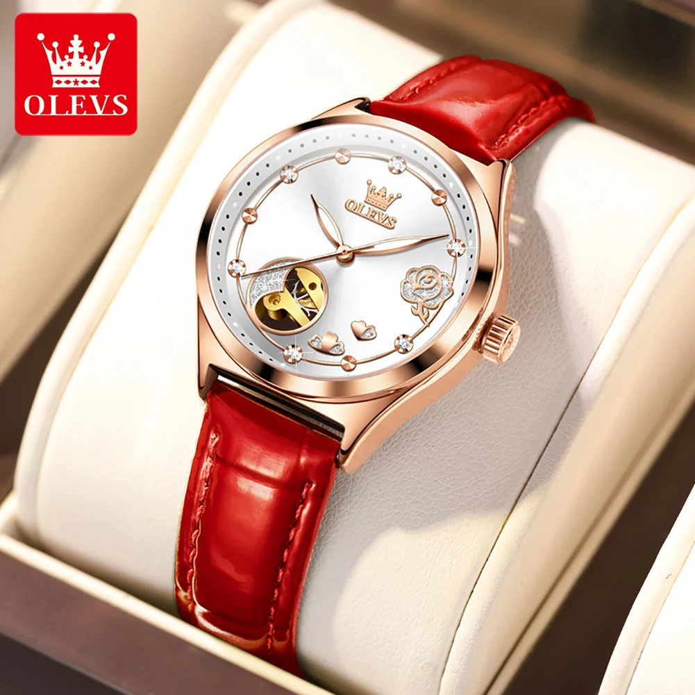 

OLEVS 6601 Elegant Leather Strap Women's Automatic Mechanical Watches Luxury Waterproof Ladies Wristwatch Diamond Flower Design