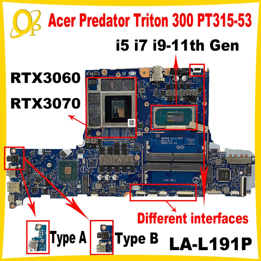 GH51M LA-K862P Mainboard for Acer Predator PH315-53-71HN laptop motherboard i5-10300H i7-10750H CPU RTX3060/3070 GPU DDR4 Tested