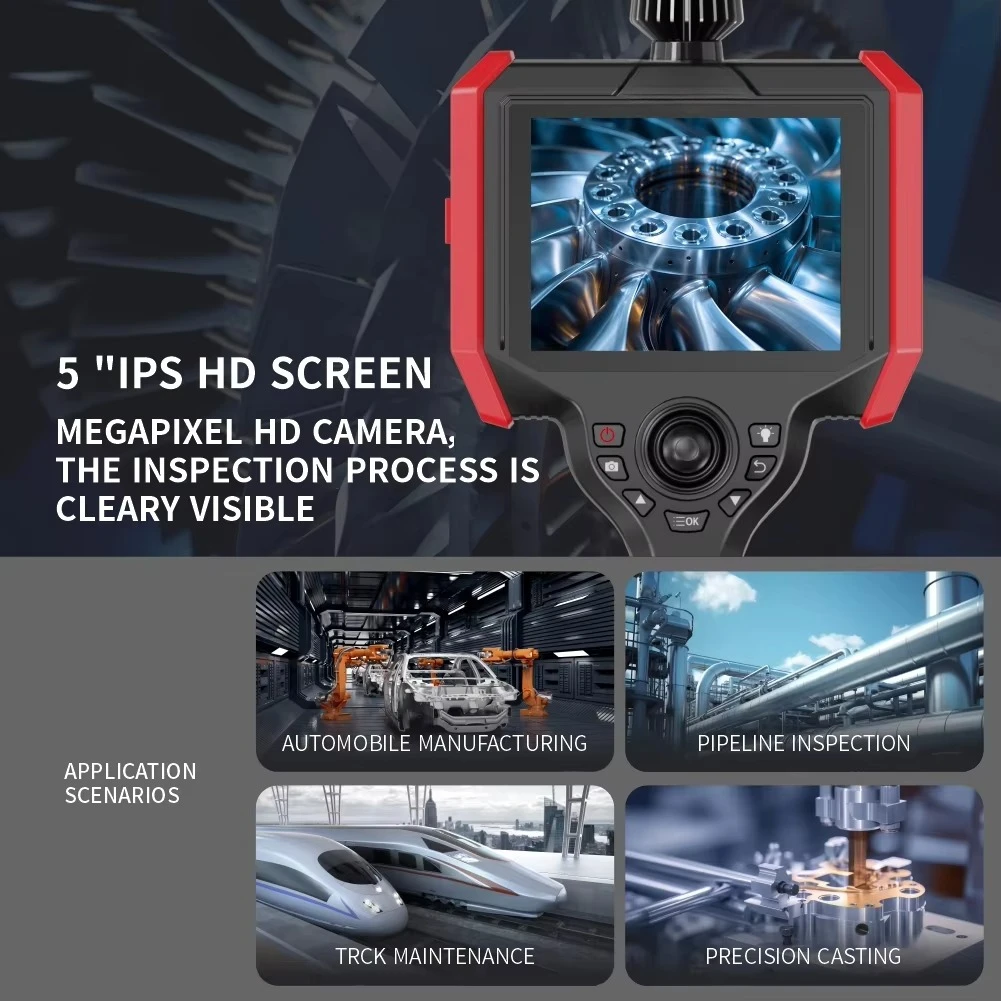 360° Articulating Industrial Endoscope,5 Inch HD Screen,720P IP67 Waterproof LED Video Borescope for Car Engine Maintenance
