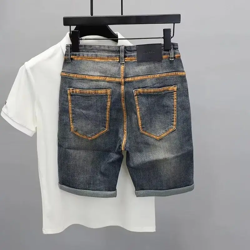 Fashion 2025 Vintage Solid Blue Slim Denim Shorts Men's Casual Summer Retro Jeans Korean Trendy Cool Painted Five Point Shorts