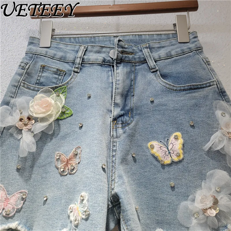 

Fashion Versatile Blue JeansShorts Women Summer New Trend Ripped Beads Flower Embroidery Skinny Wide Leg Denim Shorts Hot Pants