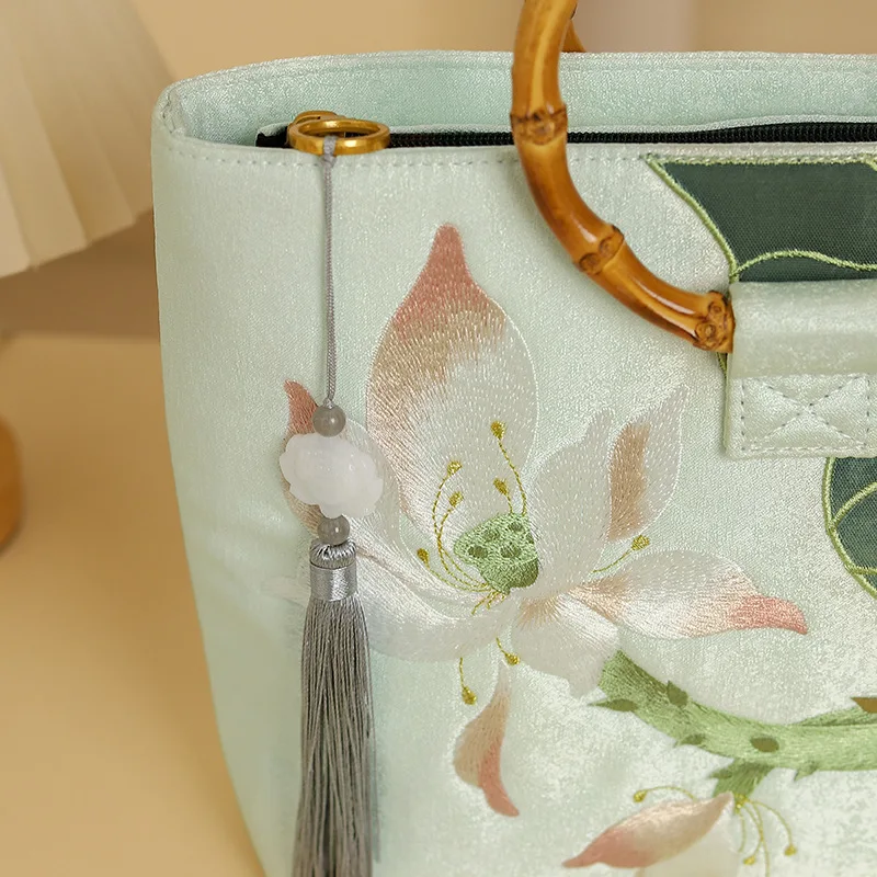 Female Retro Chic Fabric Floral Embroidery Square Bamboo Top-handle Tote Bag Vintage Cottage Core Big Capacity Evening Handbag