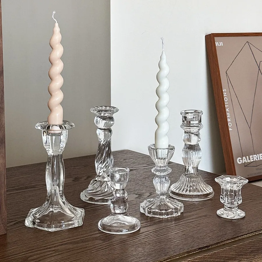 Vintage Glass Candle Holder Romantic Durable Simple Candles Stand Transparent Non-slip Roman Column Candlestick