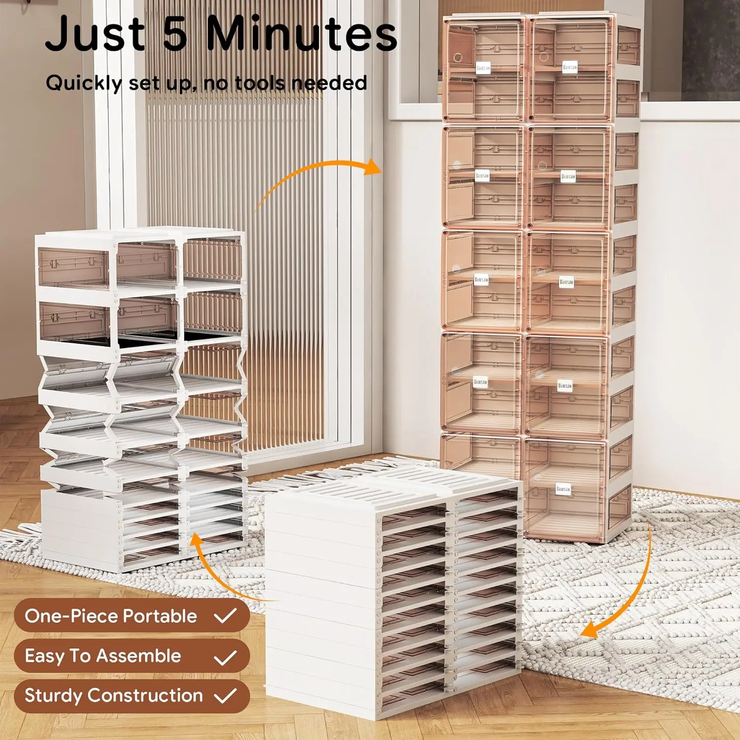 BINSIO Shoe Storage Cabinet with Doors, One Piece Portable Rack Organizer, Easy Assemble, Plastic Clear Box, Foldable, 10 Tiers