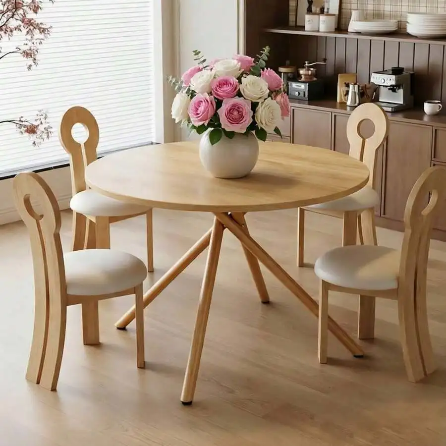 37.4 Inch Round Dining Table For 4-6 People, Cross X Metal Leg Kitchen Dinner Table With Adjustable Foot Pads, Easy Assembly Sma