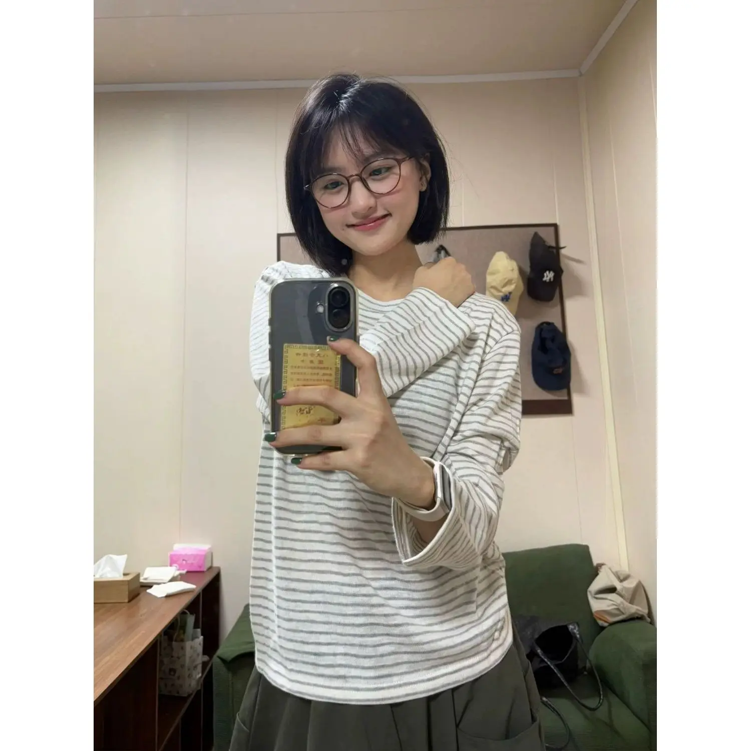 Light Grey Striped Long Sleeve round Neck T-Shirt Women's Early Autumn Korean Style Loose Thin Design Sensation Lazy Slimming...