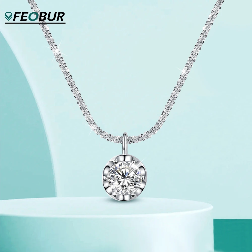 

FEOBUR 2CT Round Moissanite Pendant Necklace for Women S925 Sterling Silver Chain Wedding Sparkling Lab Diamond Gem Necklaces