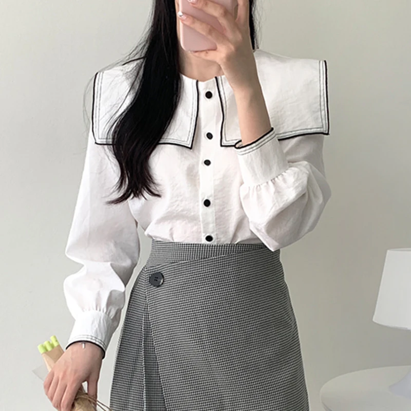 Csa de Mujer Vintage con Cuello de Muñeca, Bloques de Color, Manga Larga, Corte Hoado, Botón Único, Versátil, Moda Prima...