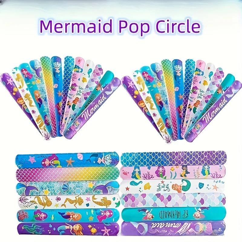 12Pcs Mermaid Theme Slap Circle Glitter paillettes Slap Pop Circle bracciale per Baby Shower Birthday Party Decor regali per bambini