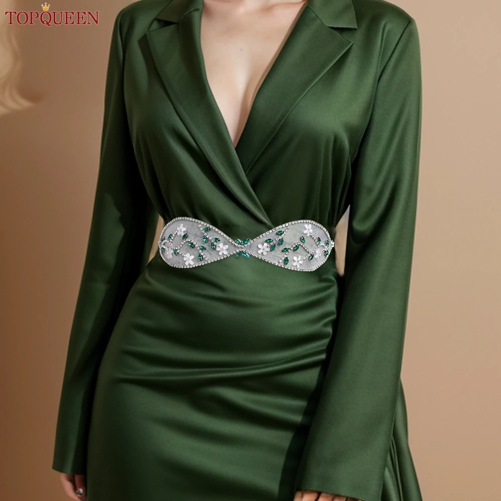 

Пояс TOPQUEEN с зелеными стразами и белыми цветами, ручной работы, украшение для талии, свадебный пояс, аксессуары для длинных женских платьев S221-KL