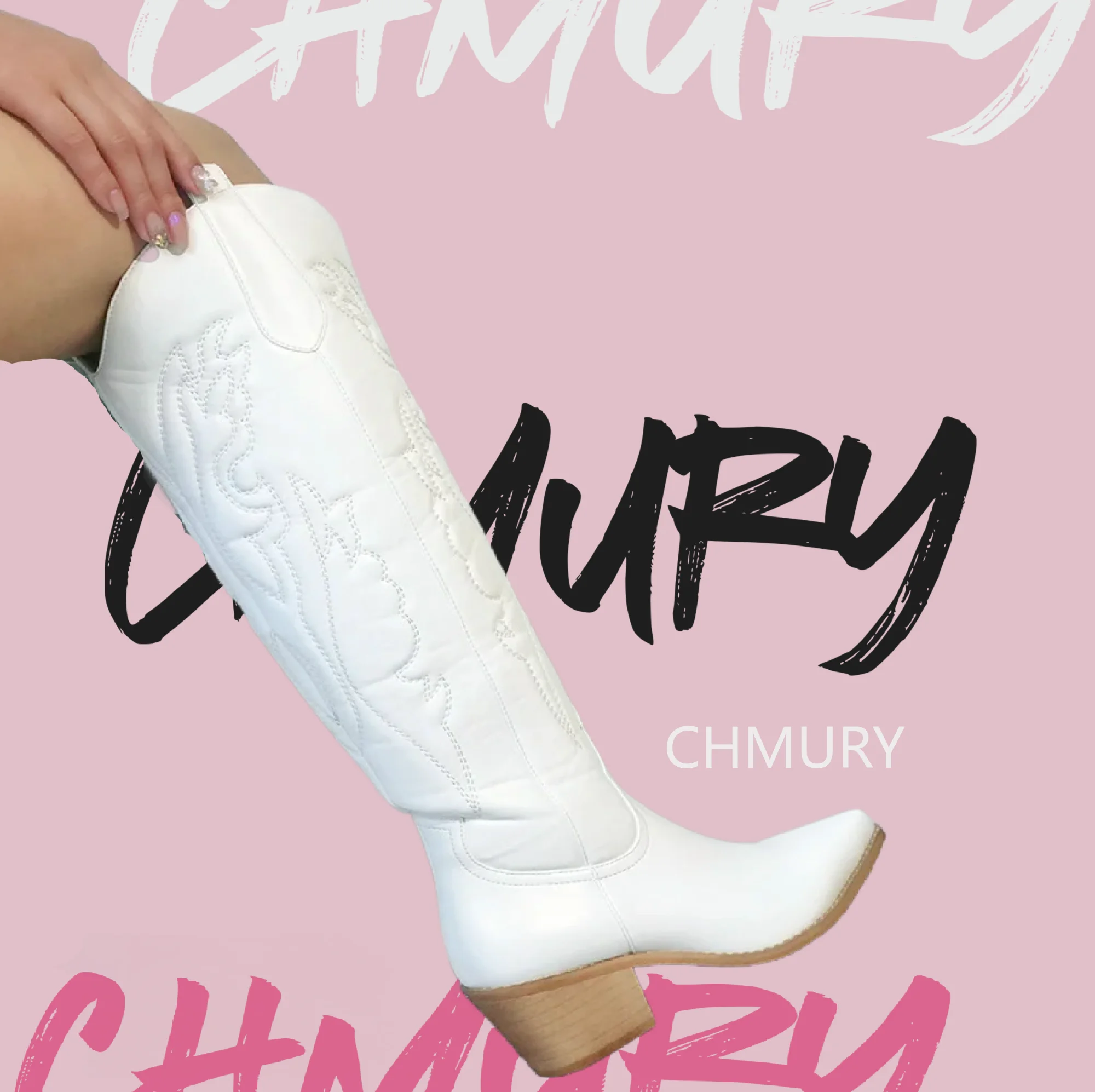 CHMURY Black Cowboy Boots for Women White Western Knee High Boot Cowgirl Drop Shipping Big Size 43 Hot Selling 2024