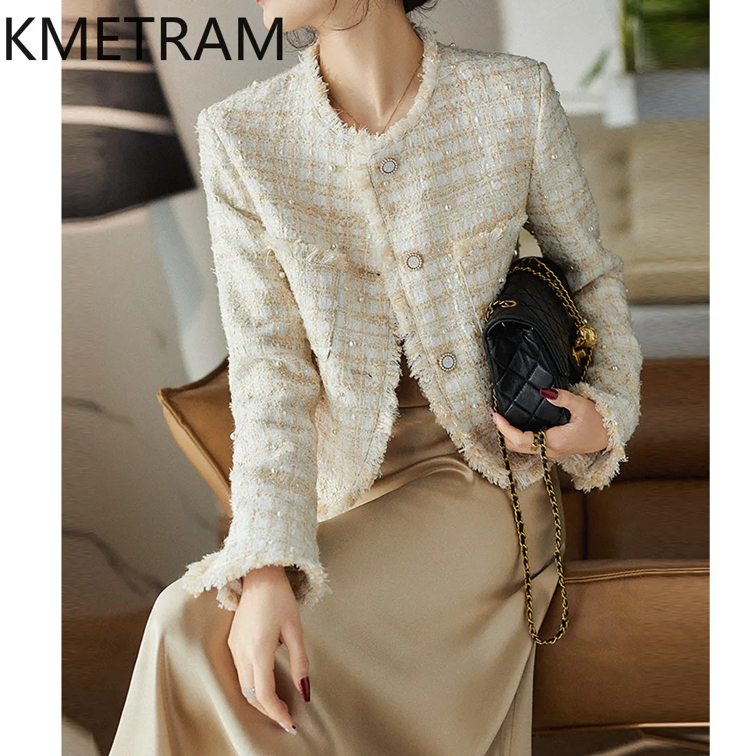 KMETRAM Real Wool Tweed Jackets Pearl White Jacket High Quality New in Outerwear Fall Clothes Women 2024 Chaquetas Para Mujer