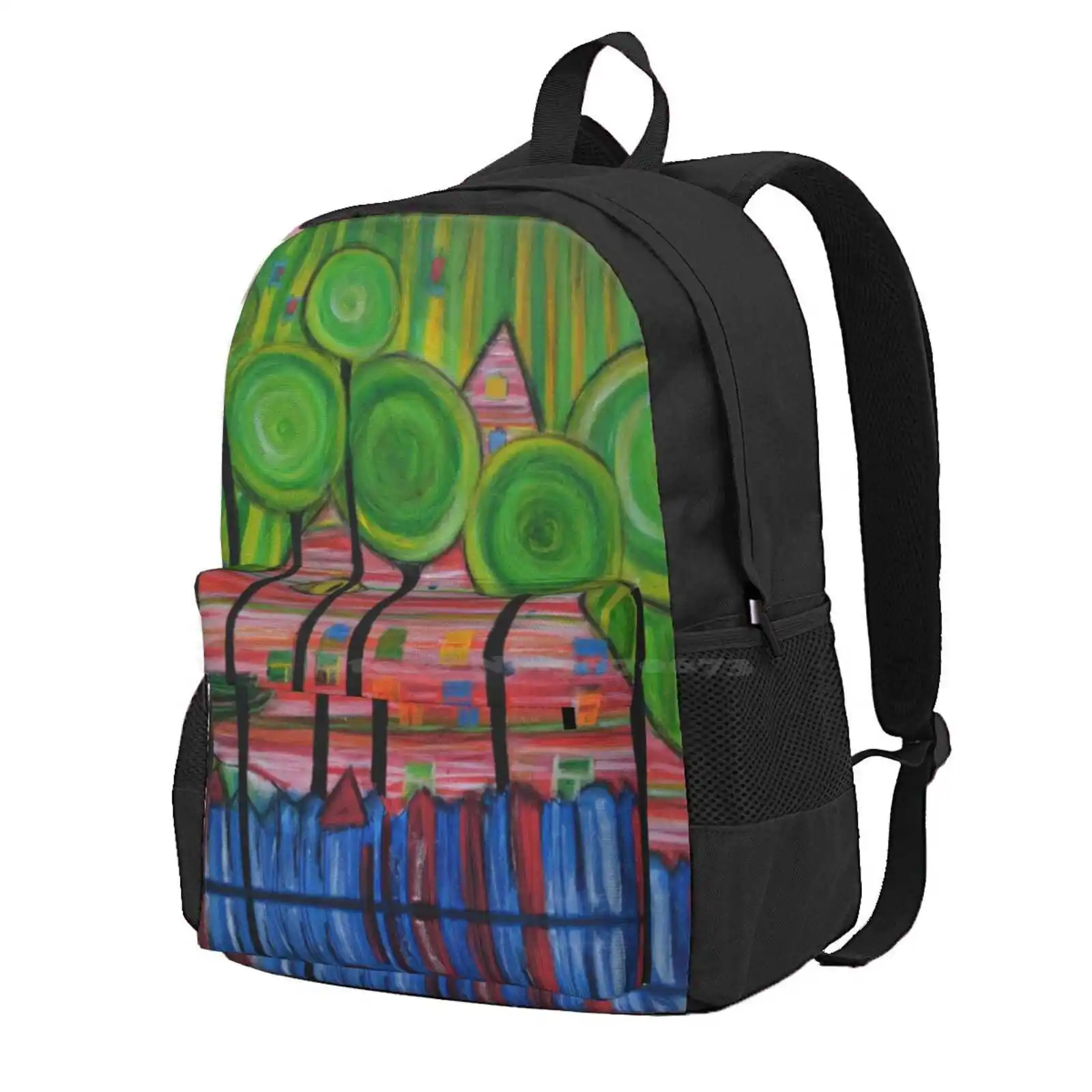 Hunderwasser Cat Hot Sale Schoolbag Backpack Fashion Bags Catsand Hunderwasser Misappropriation Board Colors Artist Green Blue