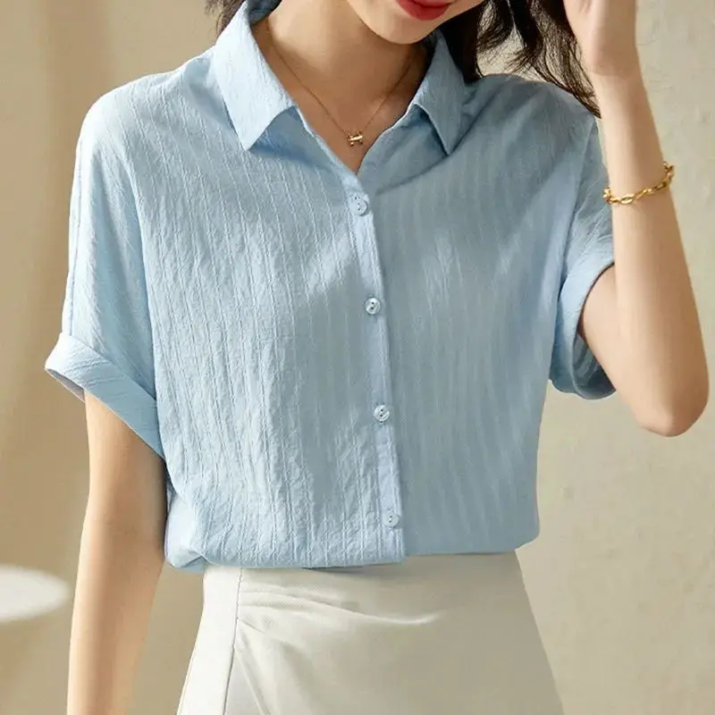 

Office Lady Button Shirt Tops Summer New Polo Neck Short Sleeve All-match Loose Casual Blouse Fashion Vintage Women Clothing