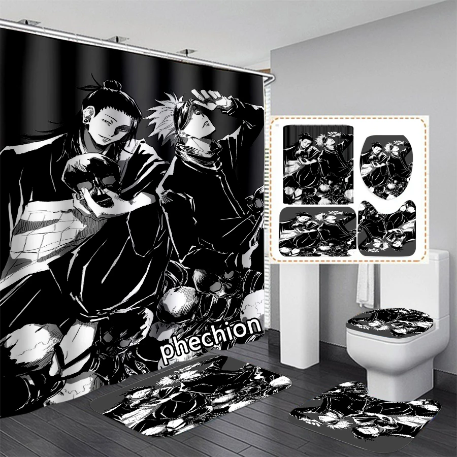 Phechion Anime Jujutsu Kaisen 3D Print Waterdichte Badkamer Douchegordijn Wc Cover Mat Antislip Vloermat (1/3/4Pcs) w41