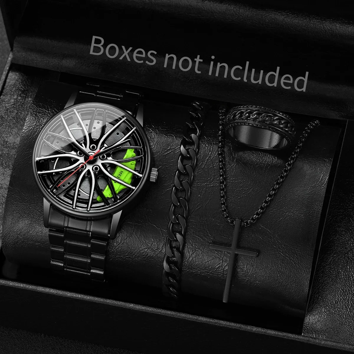 Racing Car Wheel Watch 4Pcs Jewelry Set Black Steel Watch Cross Necklace Cuban Chain Bracelet Ring Hip Hop Biker Accessories For