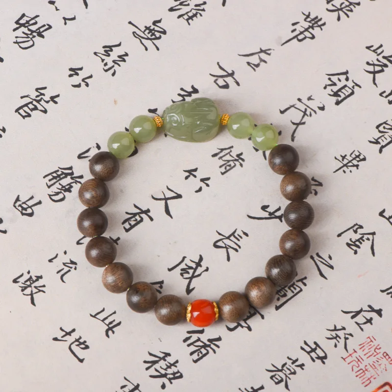Natural Brunei Agarwood Bracelet Men Buddhist Bead Bracelet Hetian Jade Pixiu Nanhong Bead Bracelet Women Gifts