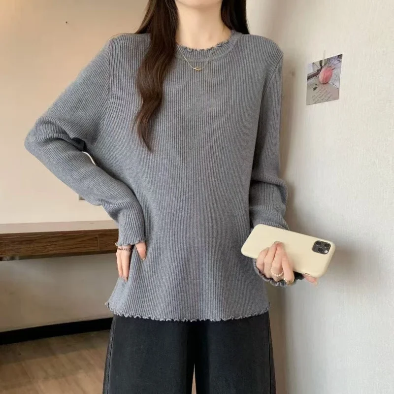 White Long Sleeve Knit Top Women Round Neck Wavy Hem Flared Cuff Pullover Blouse Casual Loose Fit Spring Autumn Wear