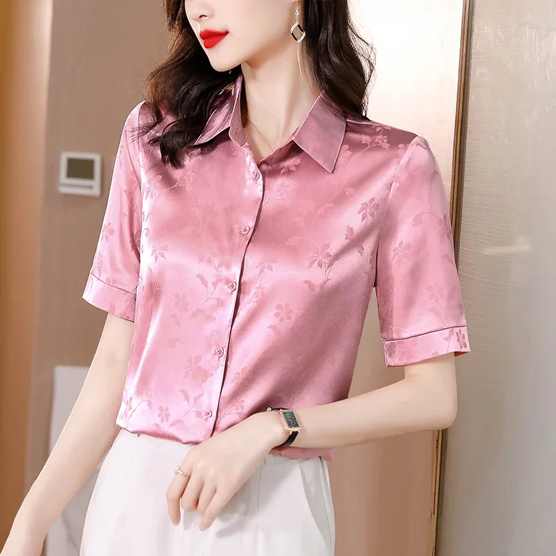 

Summer Women Shirt Satin Womens Tops Fashion Short Sleeve Blouse Clothing Basic Shitrs and Blouses Silk Floral Ladies B129