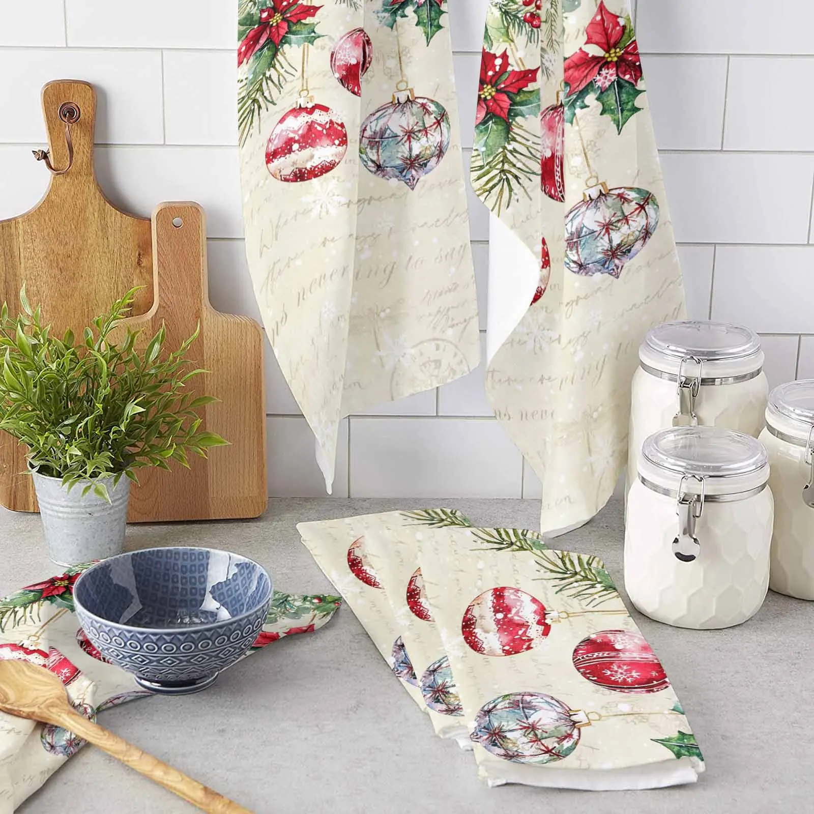 

Poinsettia Berries Cedar Leaves Christmas Snowflakes Hand Towel Kitchen Dishcloth Water Absorption Household Cleaning Cloth