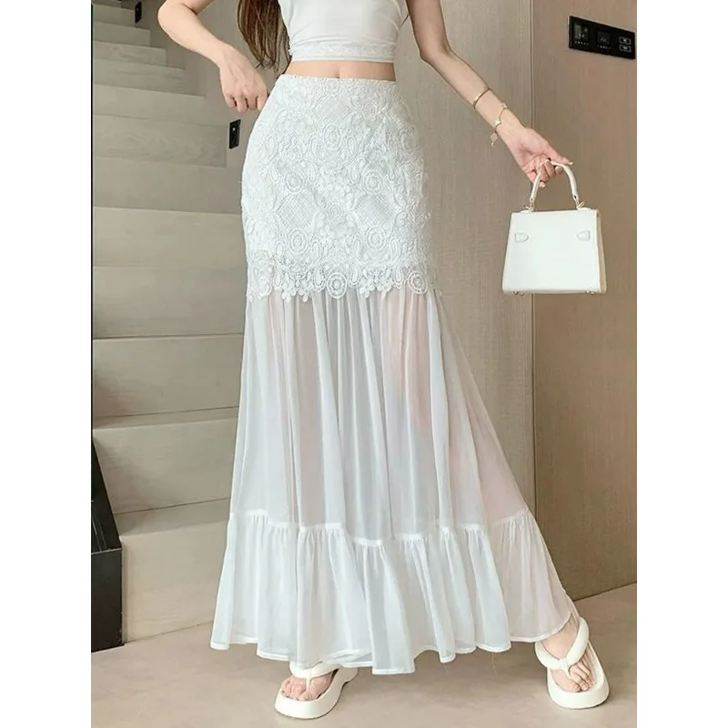 시크하고 아름다운 하이웨이스트 심플 솔리드 컬러 2025 여름 신상 오피스룩 여성 패션 레이스 스플라이싱 메쉬 A라인 스커트