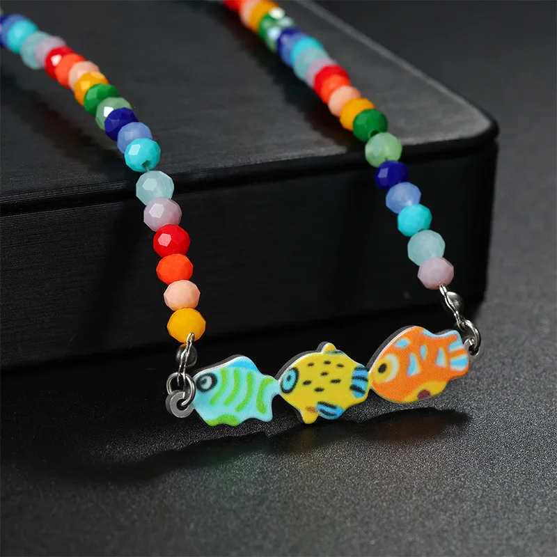 Auxauxme Custom Photo Necklace Bracelet Set Stainless Steel Personalized Colorful Fish Charm Bead Chain Bohemian Summer Jewelry