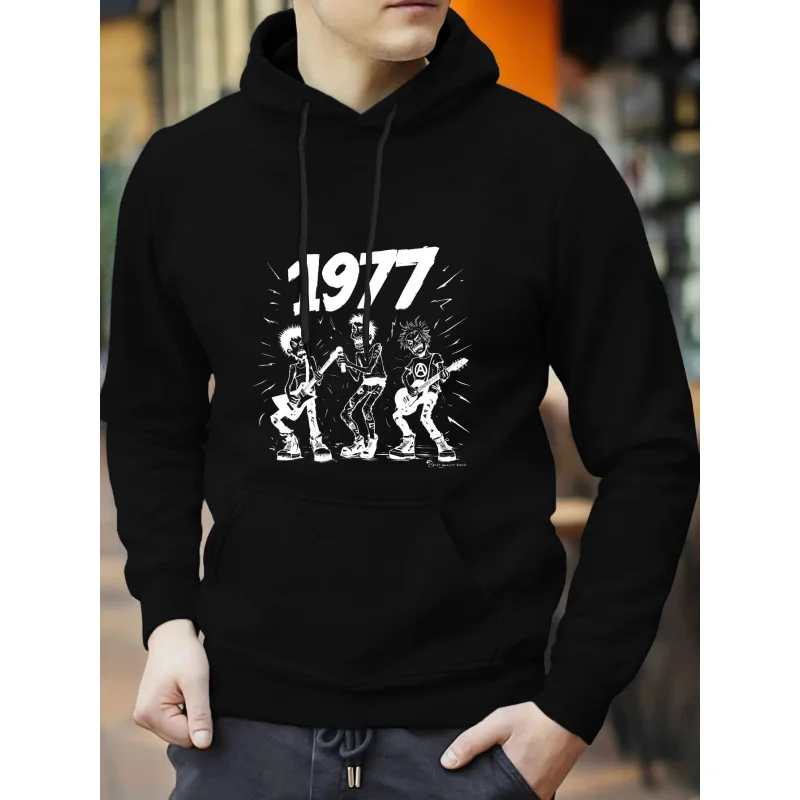 سترة رجالية بغطاء للرأس باللون الأبيض 1977 بطباعة كرتونية عالية الجودة من القطن ملابس غير رسمية للارتداء اليومي ومعجب الموسيقى