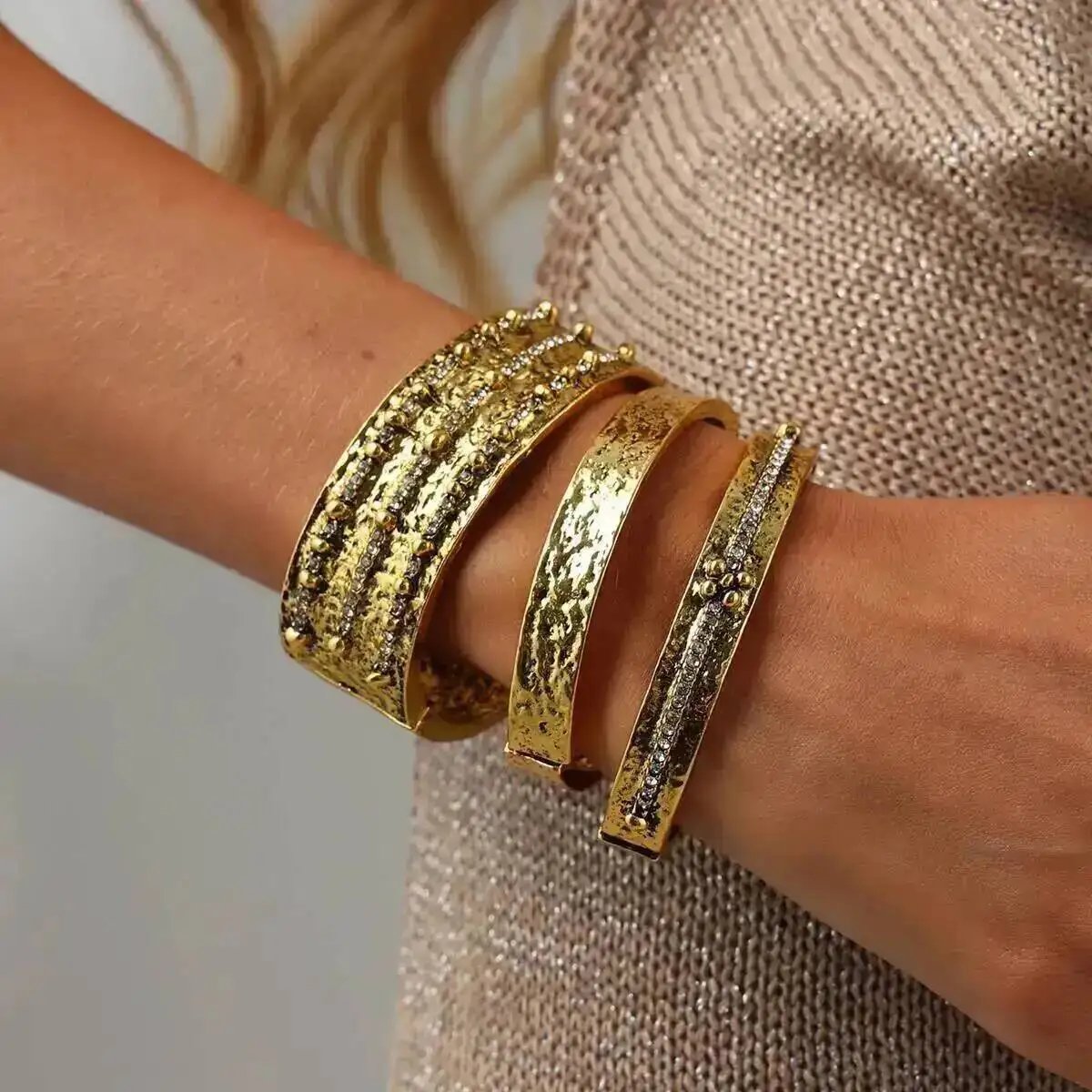 IngeSight.Z 3 Pcs/Set Exaggerated Retro Geometry Chunky Spring Bangles for Women Creative Stackable Cuff Wide Bracelet Jewelry