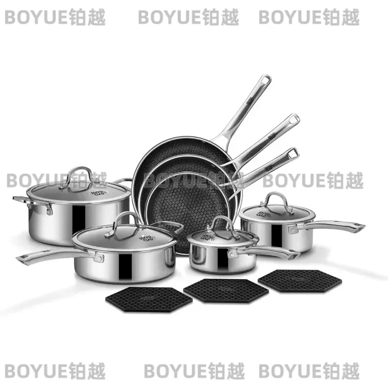 14 Piece Hybrid Stainless Steel Cookware Set Non Stick Frying Pan Saucepan Saute Pot Kitchen Cooking Pots and Pans Collection