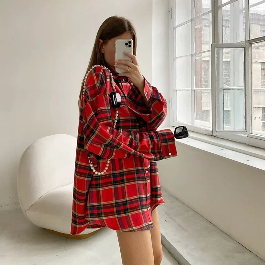 Bright Gingham Oversized Shirts for Women Street Style Casual Shacket Blouses and Tops Single-Breasted Autumn 2023