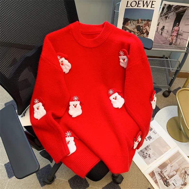 

Three-Dimensional Santa Claus Red Long-Sleeved Sweater Women Wear Loose Lazy Tops In 2024 Autumn And Winter With A Bottom Knit