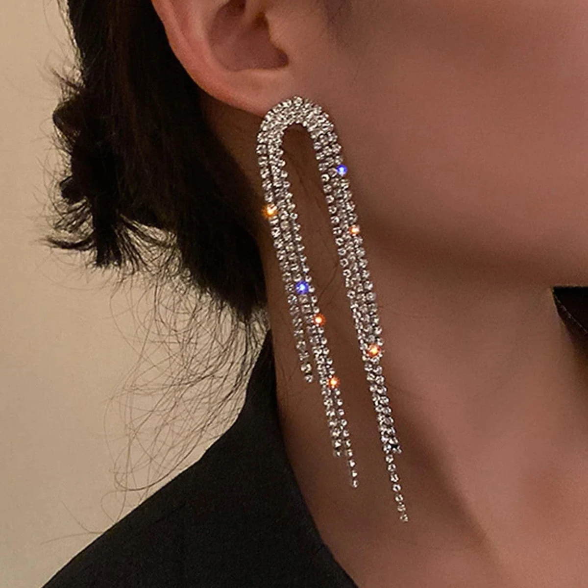 2 Curved Women's Pendant Earrings, Elegant Rhinestone Tassel Long Earrings, Gorgeous Jewelry, Date Gift-4019