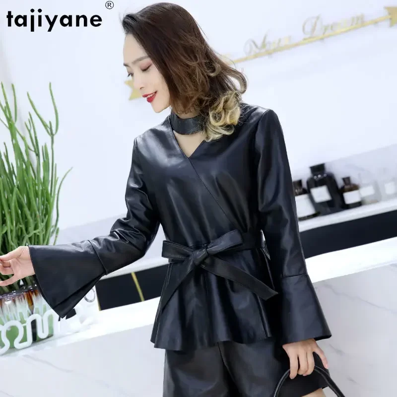 Tajiyane Echt lederjacke Damen Lederjacken mit V-Ausschnitt für Damen Schaffell Ledermantel Flare Ärmel Tops eleganter Gürtel